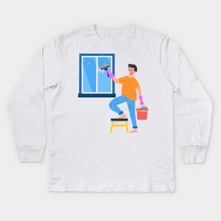 Hand Drawn "Boy Cleaning The Window" Kids Long Sleeve T-Shirt